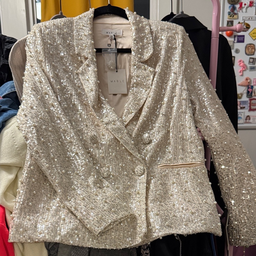 Mable Anthropolgie Women's Sparkling Sequin Blazer - Cream